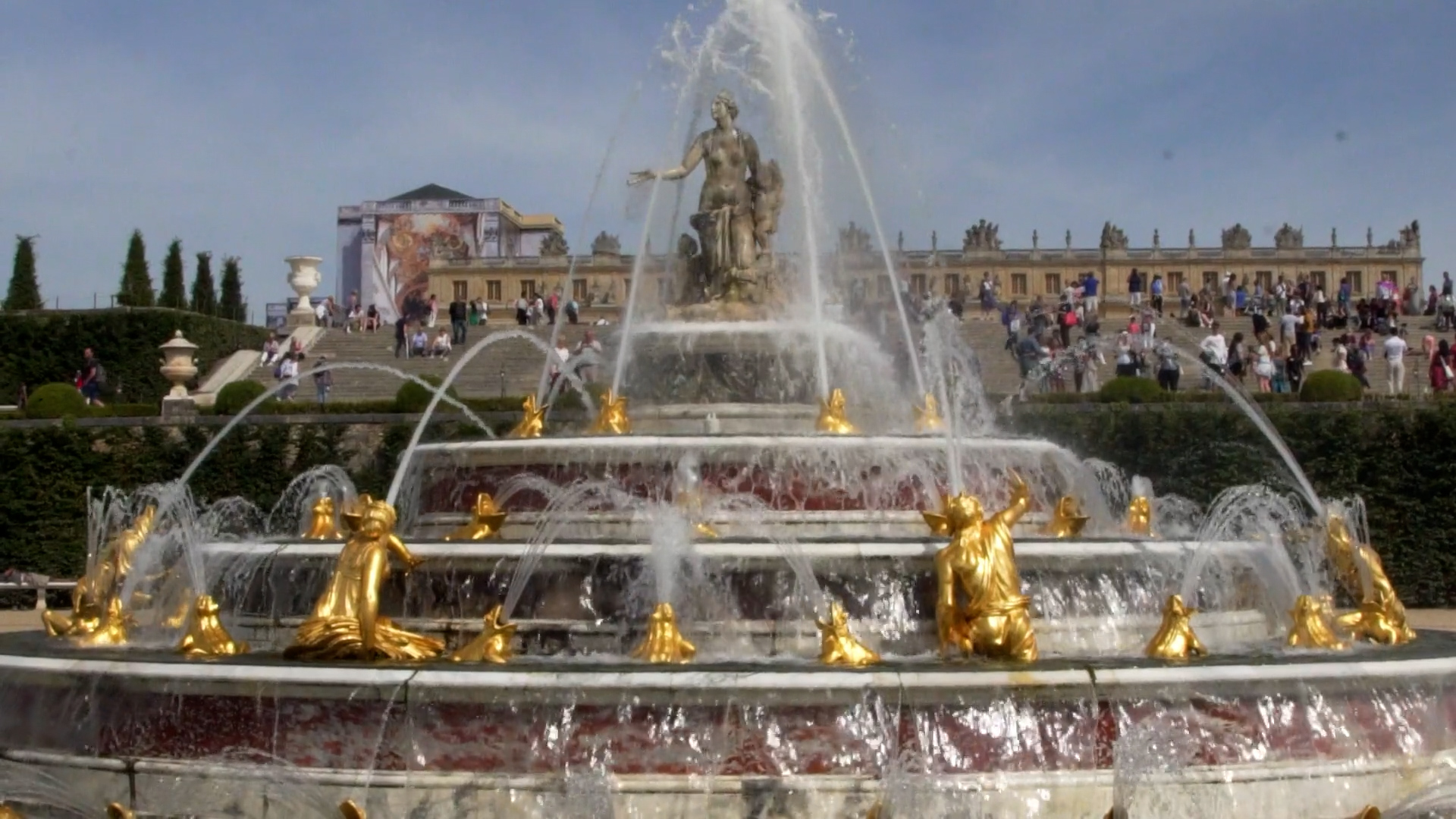 A decorative water fountain at The Palace of Versailles in France140